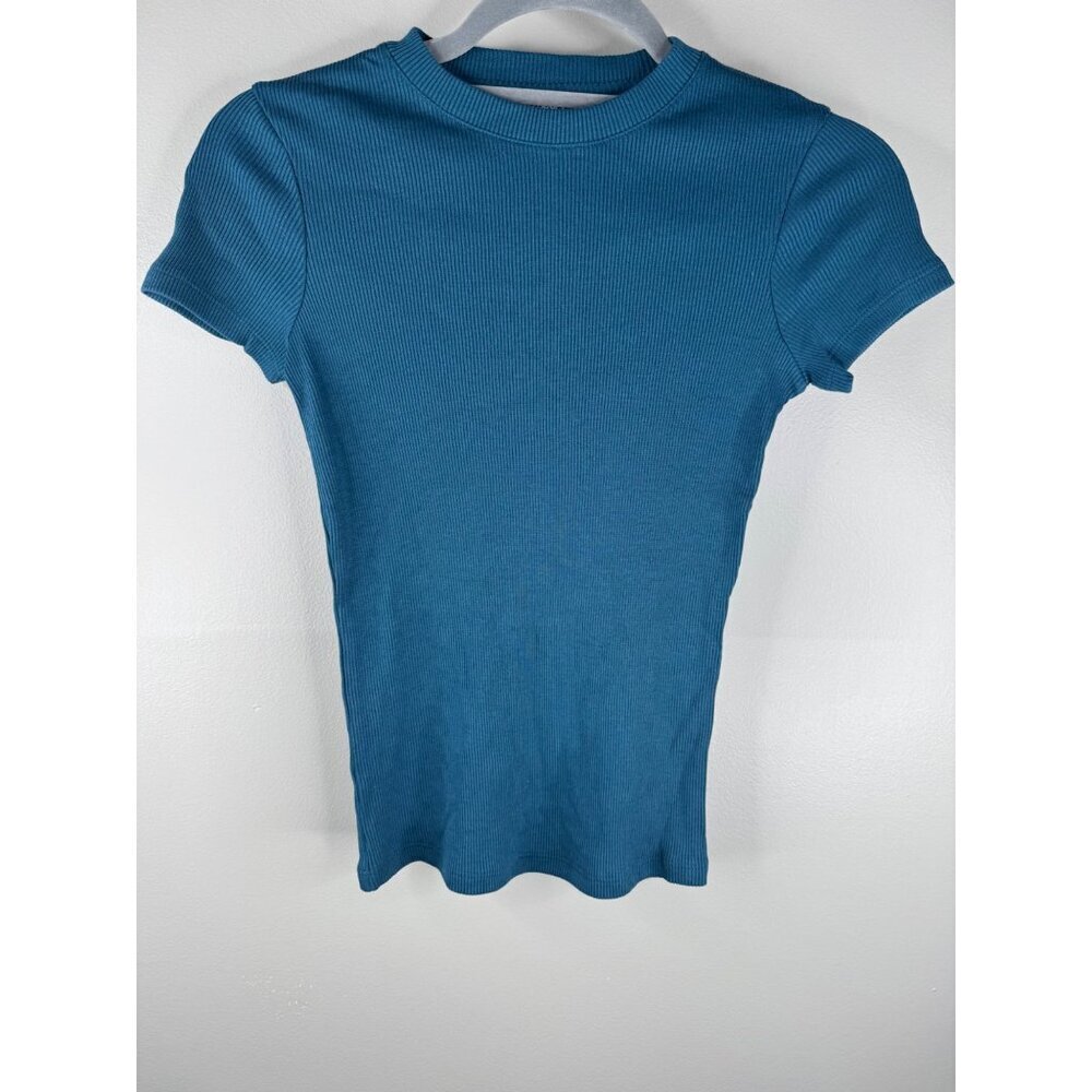 NWT Theory Tiny Tee 2 Compact Rib in Teal Blue Short Sleeve Size P